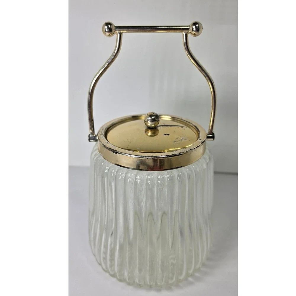 Vintage Ribbed Glass Biscuit Jar Ice Bucket Gold Tone Lid Swing Handle MCM